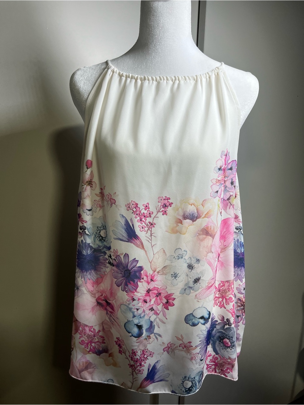 Cream Floral Halter Camisole with Pink & Blue Bloom Accents
